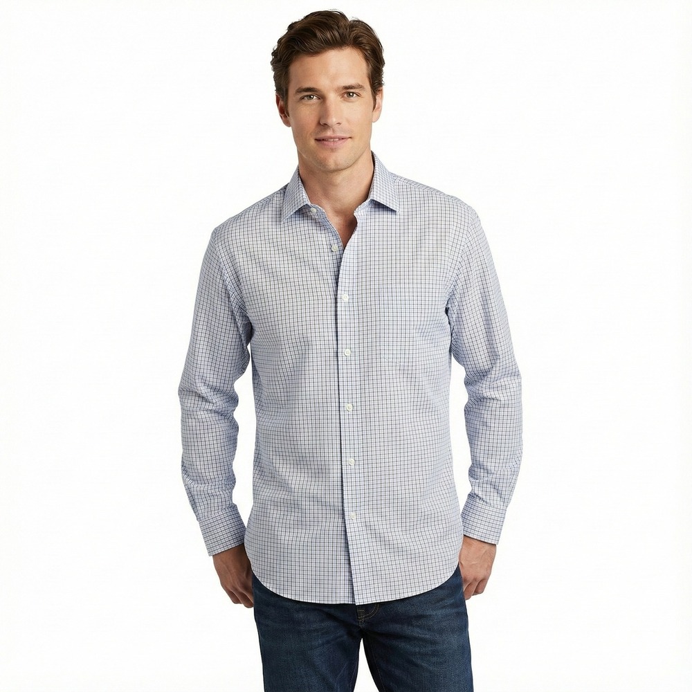 Peter Millar Nano Luxe Easy Care Check Dress Shirt 17.5 Long Blue White Brown